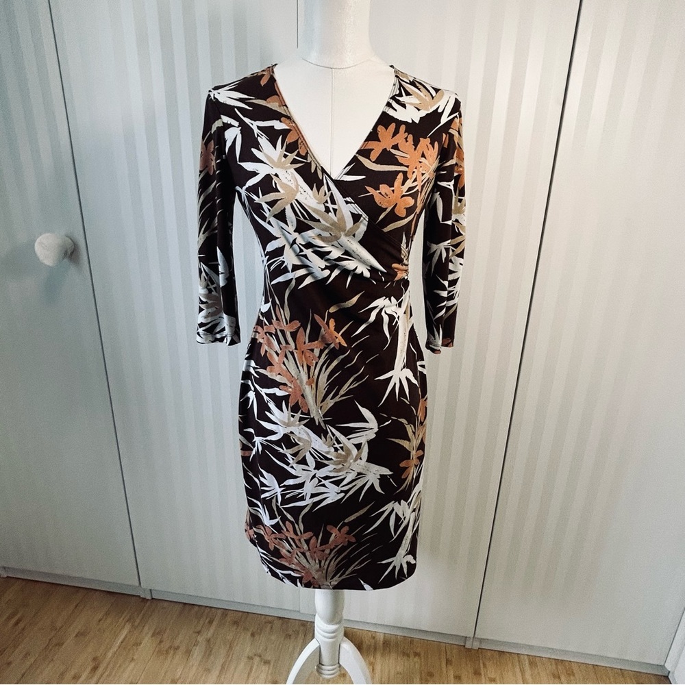 Merona black with brown and white leaves wrap style comfortable dress Size S